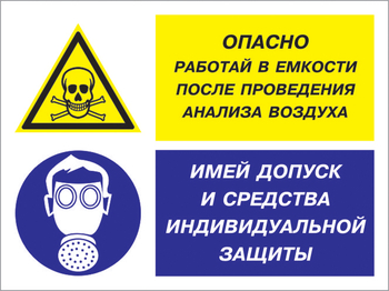 Кз 90 опасно - работай в емкости после проведения анализа воздуха. имей допуск и средства индивидуальной защиты. (пластик, 600х400 мм) - Знаки безопасности - Комбинированные знаки безопасности - . Магазин Znakstend.ru